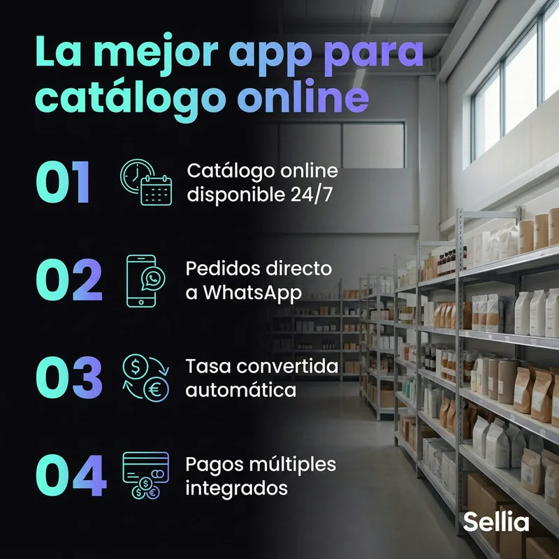 La mejor app para catálogo online: disponible 24/7, pedidos directo a WhatsApp, tasa convertida automática, pagos múltiples integrados