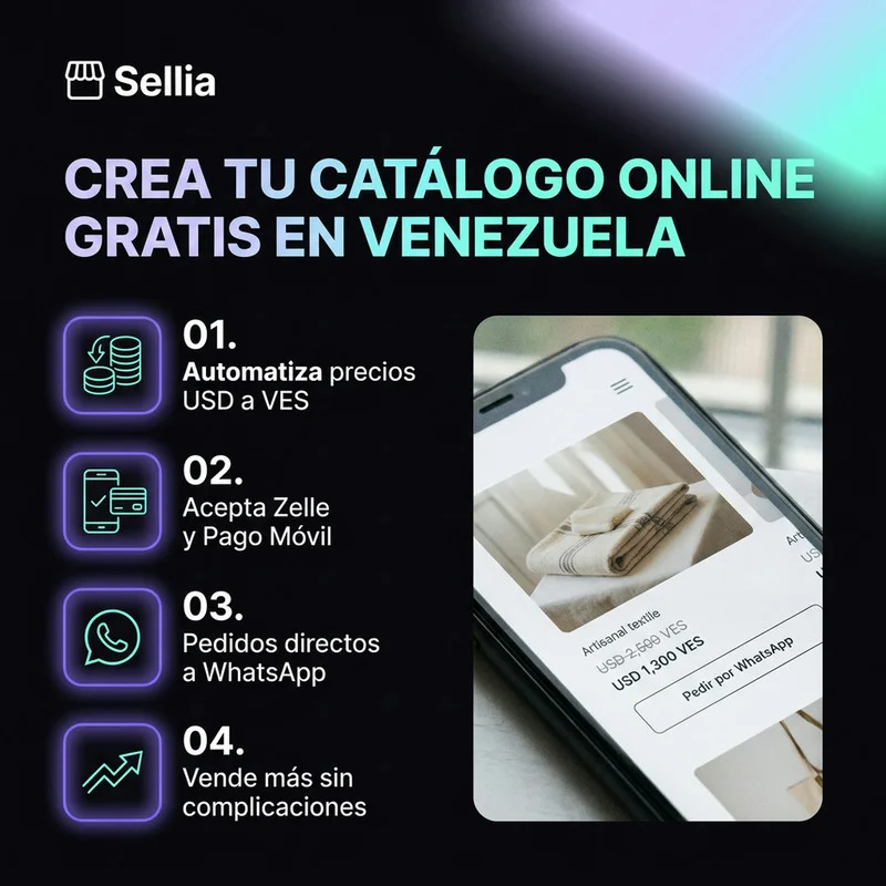 Crea tu catálogo online gratis en Venezuela: automatiza precios USD a VES, acepta Zelle y Pago Móvil, pedidos directos a WhatsApp, vende más sin complicaciones