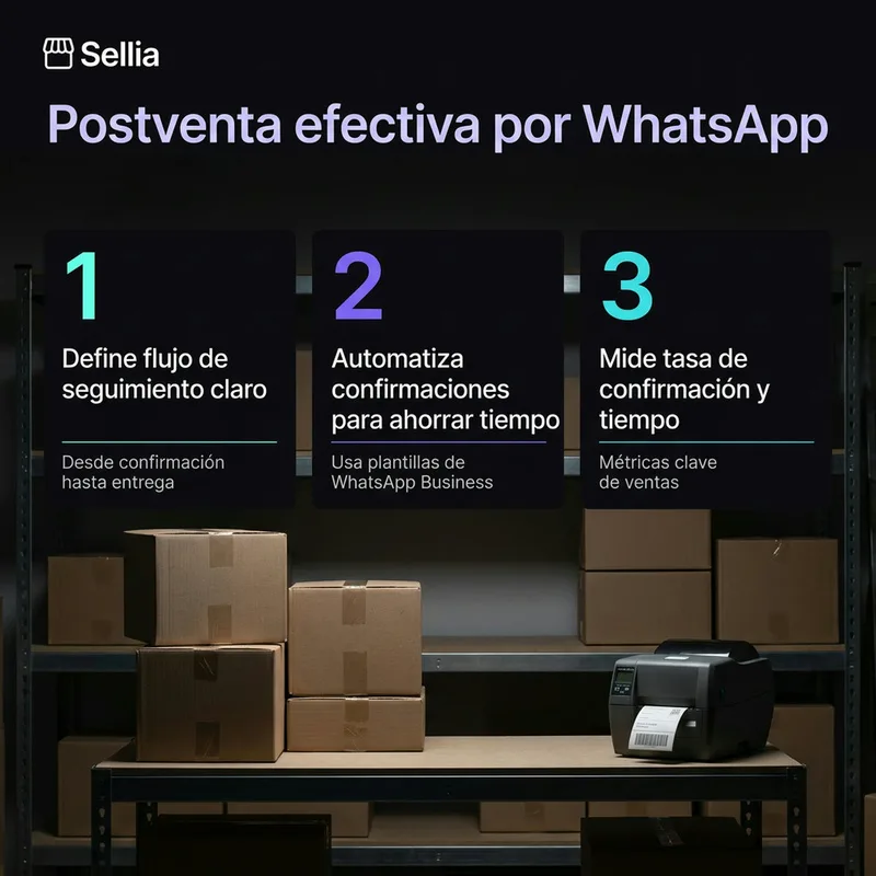 Postventa efectiva por WhatsApp: 1) Define flujo de seguimiento claro desde confirmación hasta entrega. 2) Automatiza confirmaciones para ahorrar tiempo usando plantillas de WhatsApp Business. 3) Mide tasa de confirmación y tiempo como métricas clave de ventas