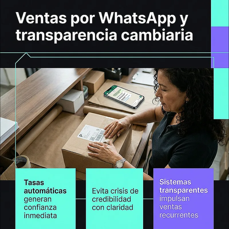 Ventas por WhatsApp y transparencia cambiaria: tasas automáticas generan confianza inmediata, evitan crisis de credibilidad y los sistemas transparentes impulsan ventas recurrentes