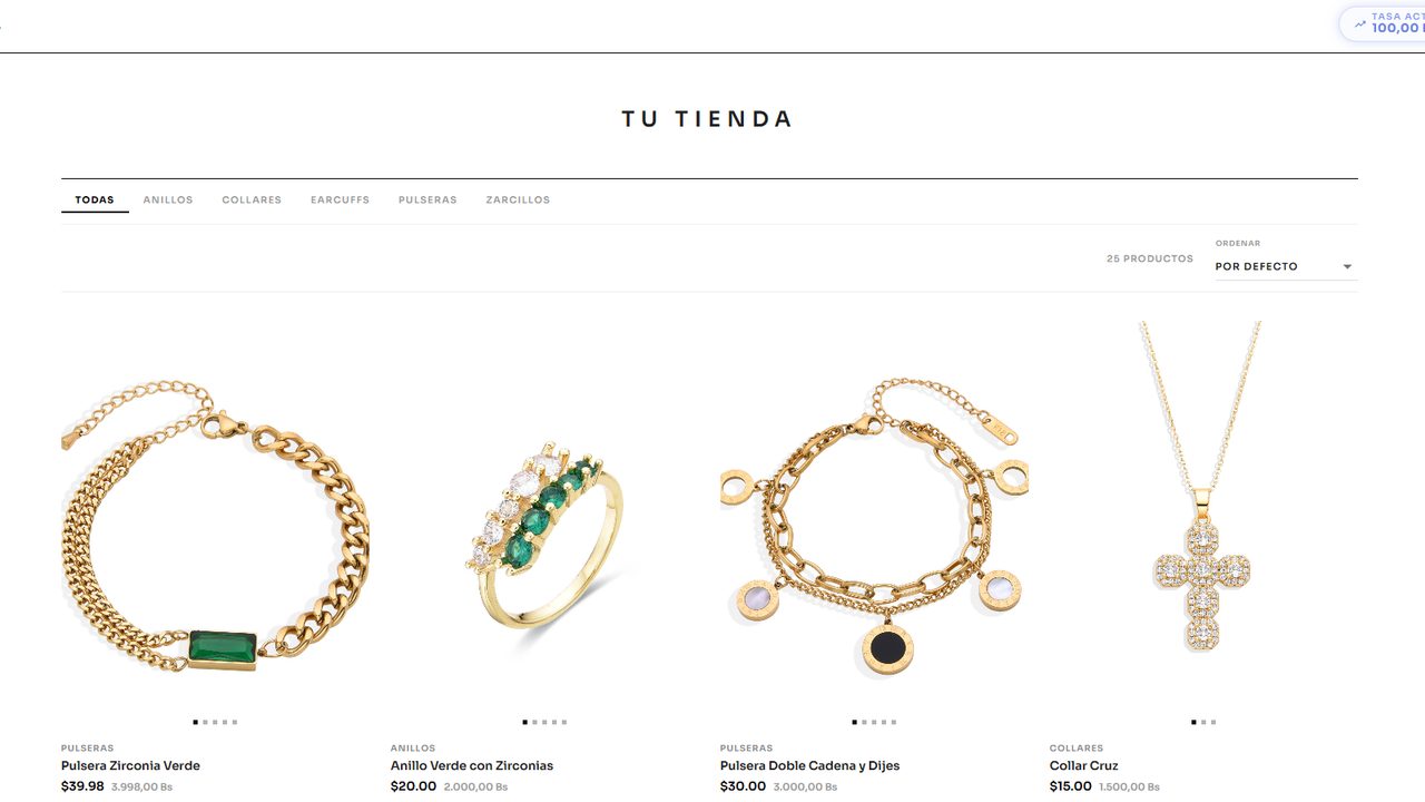 Catálogo de una tienda de joyería hecha con Sellia, con pulseras, anillos y collares y sus precios en dólares y bolívares